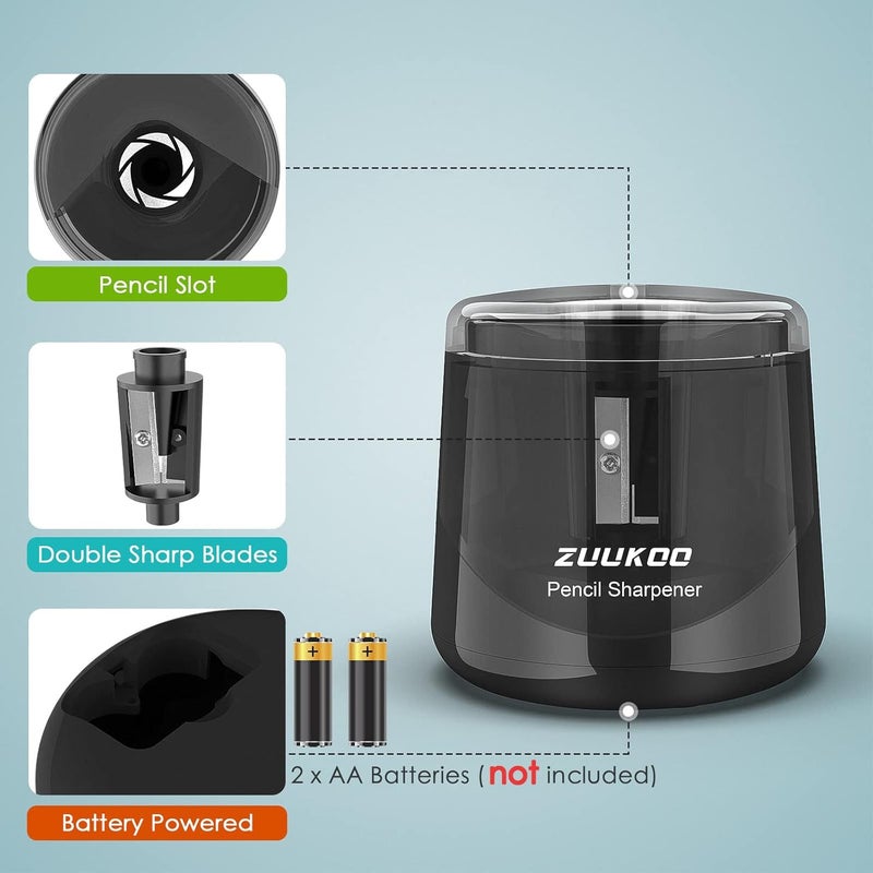 Zuukoo Electric Pencil Sharpeners, Battery Powered for Colored Pencils, High-Speed Operated Automatic & Manual Pencil Sharpener for Kids, Home School (Black) - Image 3